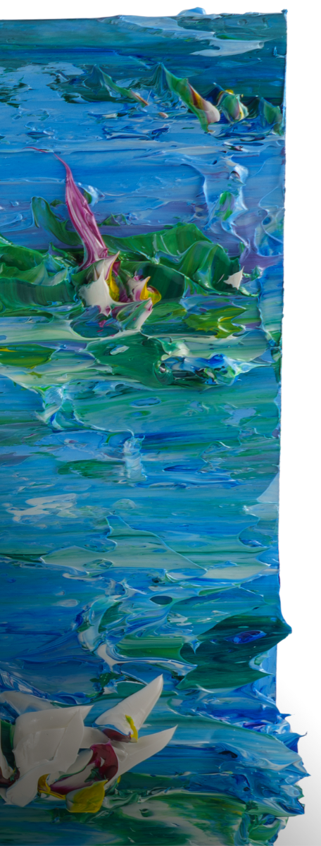 Thick acrylic strokes in blues and greens mimic the water lilies style reminiscent of Claude Monet's paintings.