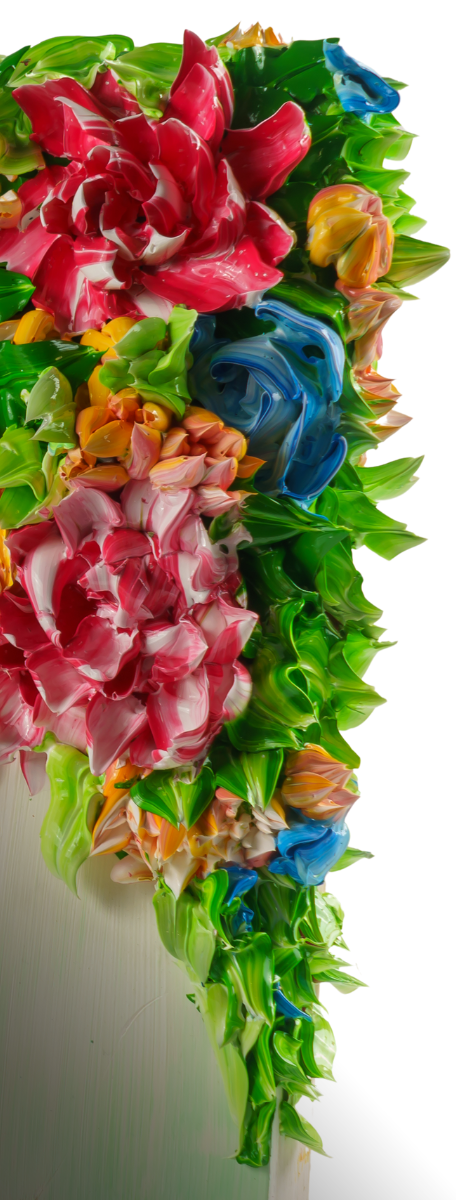 An acrylic painting utilizing a piping bag technique to create textured flowers in red, yellow, green, and blue.