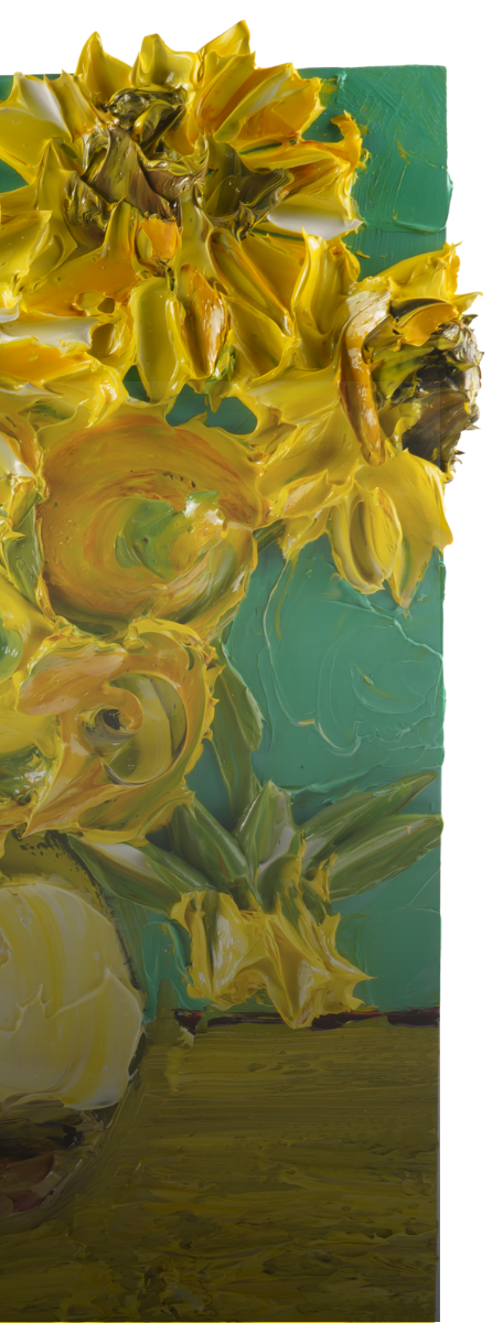 Thick impasto acrylic strokes form sunflower-like shapes in shades of yellow against a teal backdrop, reminiscent of Van Gogh's style.