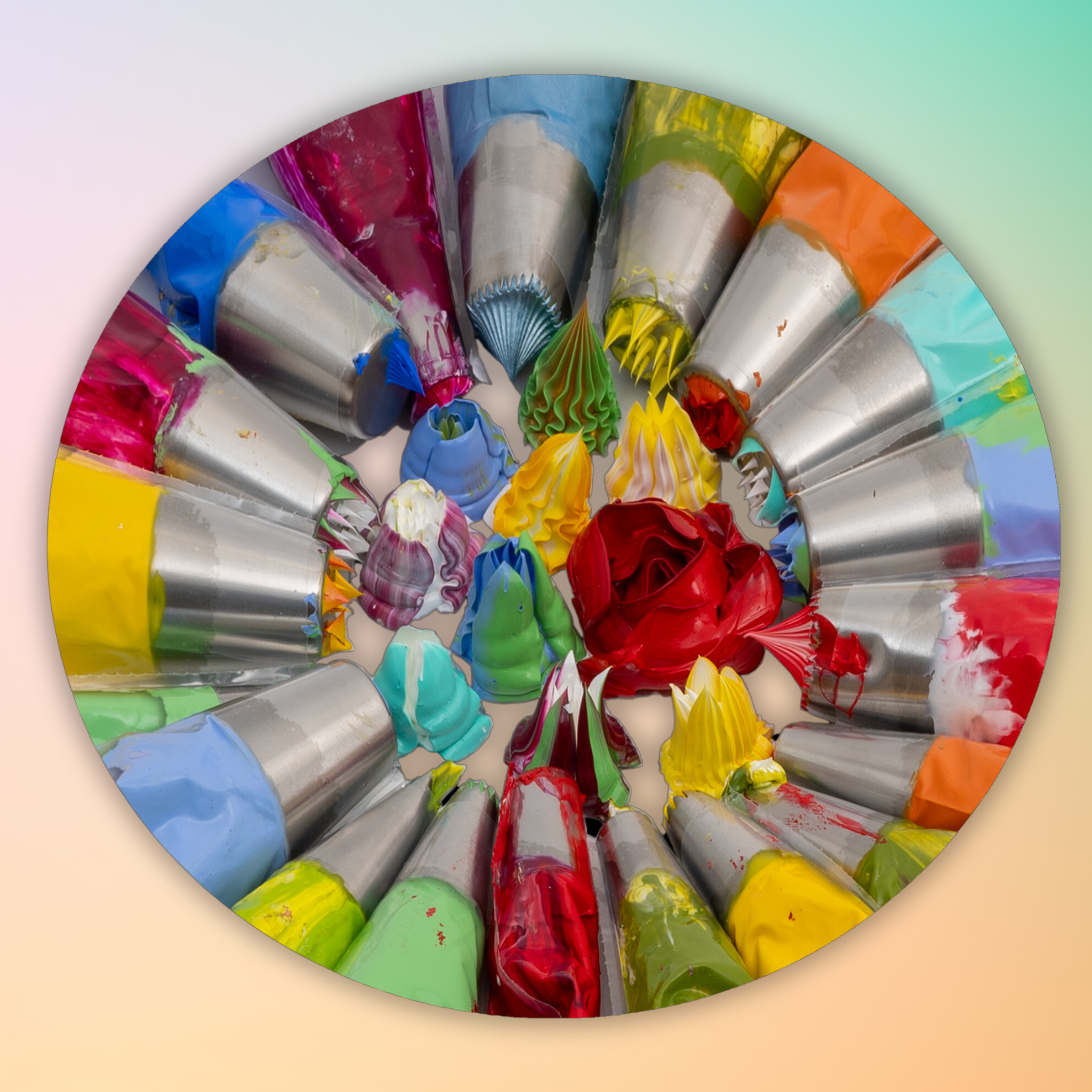 A circular arrangement of paint piping tools with squeezed out colorful acrylic paint.